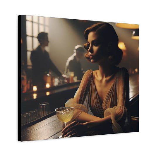 Canvas Art, 1930s Style Lady at Bar Alone, Dark Room Jazz Music Playing, Matte