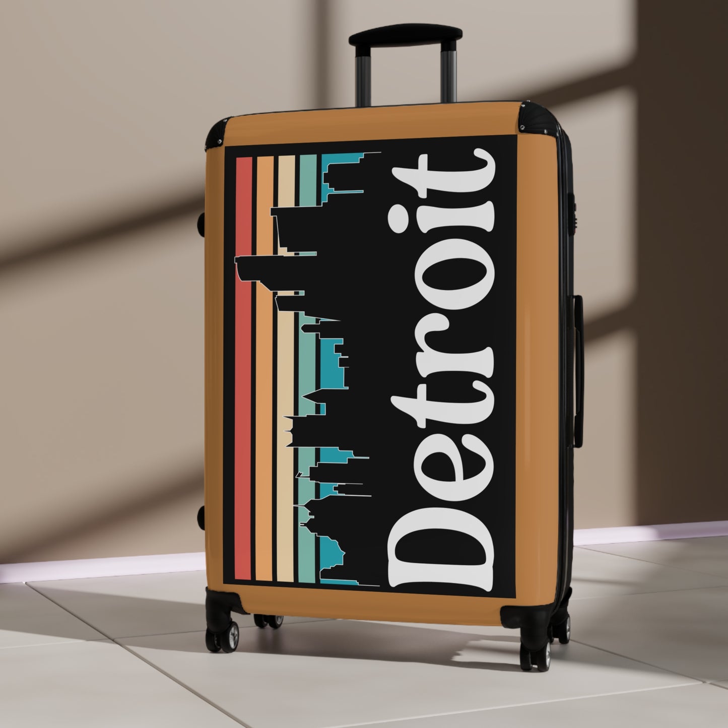 Travel Suitcase Detroit Skyline Cream Brown Elegant Retro Design