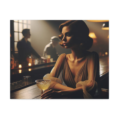 Canvas Art, 1930s Style Lady at Bar Alone, Dark Room Jazz Music Playing, Matte