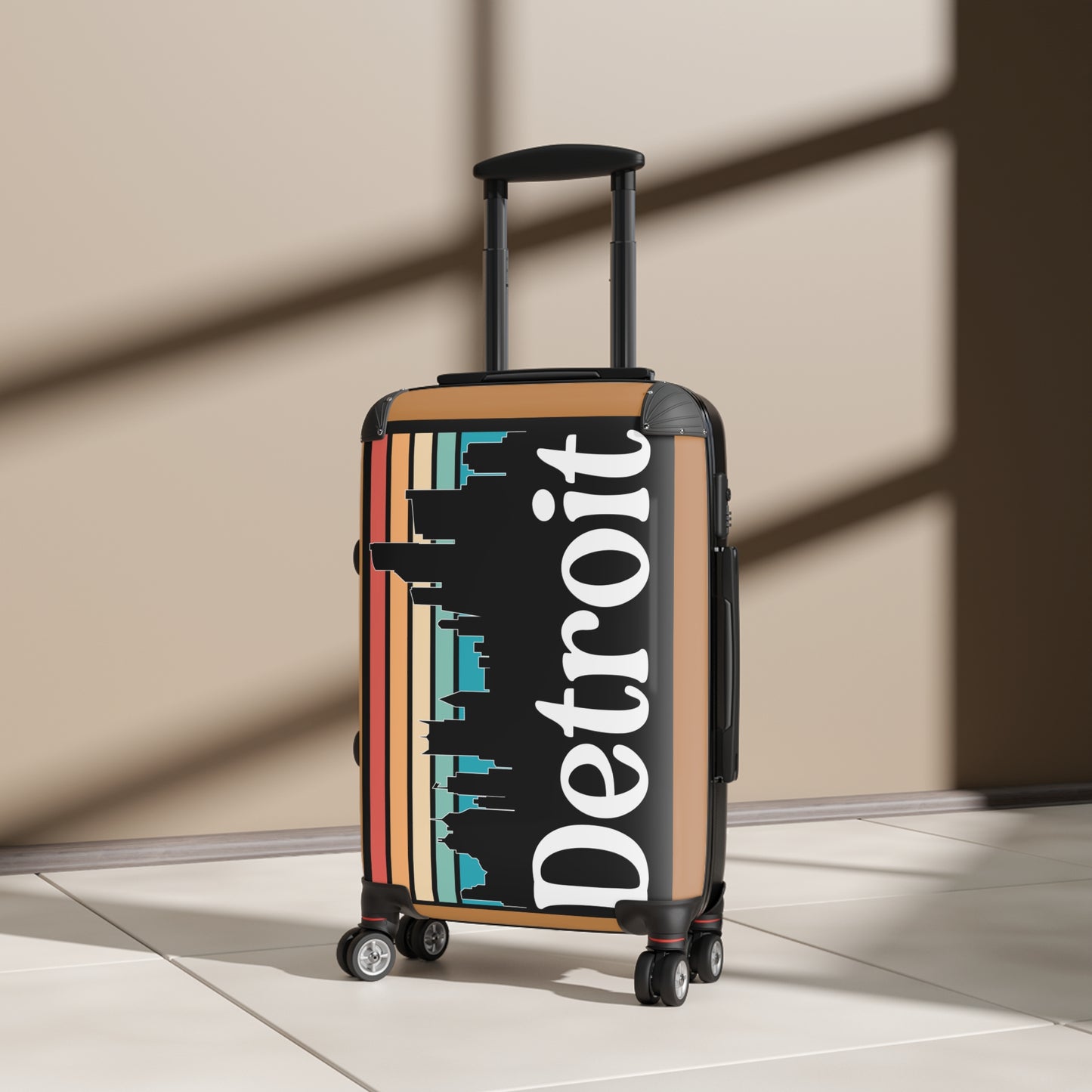 Travel Suitcase Detroit Skyline Cream Brown Elegant Retro Design